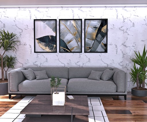 Modernus 3 plakatų rinkinys „Painted Leaves“ rėmeliuose.