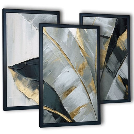 Modernus 3 plakatų rinkinys „Painted Leaves“ rėmeliuose.