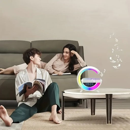 IŠMANI DAUGIAFUNKCĖ RGB LED LEMPA SU QI BELAIDŽIU ĮKROVIKLIU, BLUETOOTH GARSIKALBIU IR LAIKRODŽIU