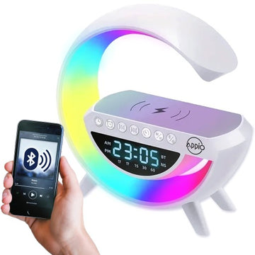 IŠMANI DAUGIAFUNKCĖ RGB LED LEMPA SU QI BELAIDŽIU ĮKROVIKLIU, BLUETOOTH GARSIKALBIU IR LAIKRODŽIU