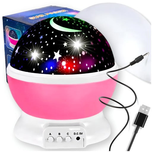 Naktinis projektorius "STARS" su USB kabeliu ir žvaigždžių bei mėnulio dizainu, idealiai tinkantis vakarėliams ir romantiškiems vakarams.